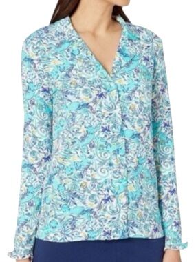 LILLY PULITZER Ruffle PJ Button Up Top in Melon Fig Tint Monkey Sea Size Small